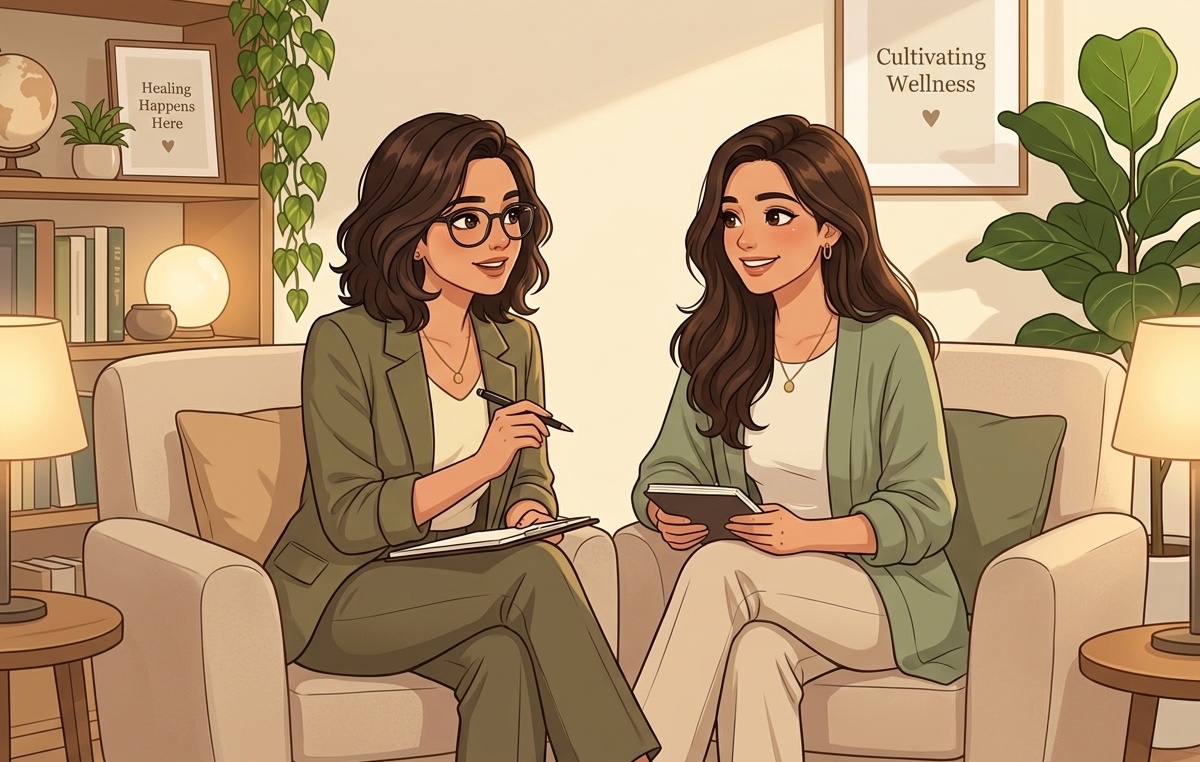 Nidhi Sharma and Bhavishya Dahiya, Co-Founders of Entwined Wellbeing, sitting together in their therapy consultation clinic
