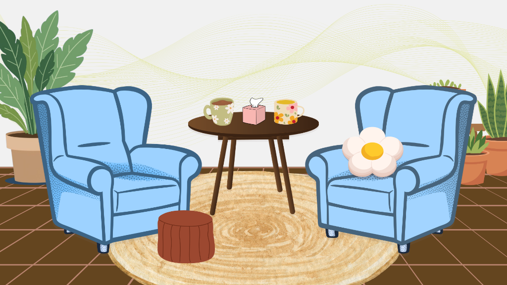 Entwined Wellbeing therapy consultation space illustration with cozy blue armchairs, coffee table with mugs and tissues, woven rug, and lush plants