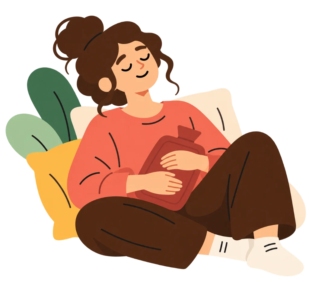 Individual resting comfortably with a warm compress representing somatic care, menstrual wellness, and PMOS support in Hormonal Harmony Space